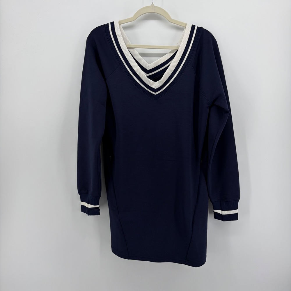 OFFLINE by Aerie Womens S Navy Sweatshirt Dress V-Neck Striped Trim Thumbholes